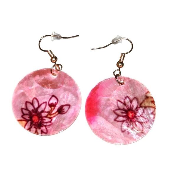 Handmade shell Pink Floral Drop Dangle Earrings - Picture 1 of 2